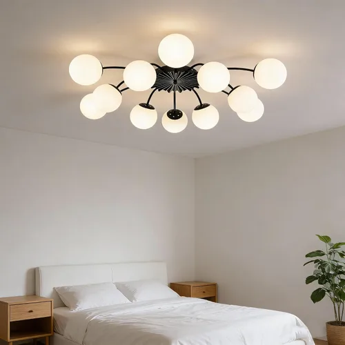 Miniatura 4 de Lámpara de araña Sputnik de 12 luces, color negro con burbujas de vidrio de leche Luces de techo semi empotradas, acento de flor, Art Deco