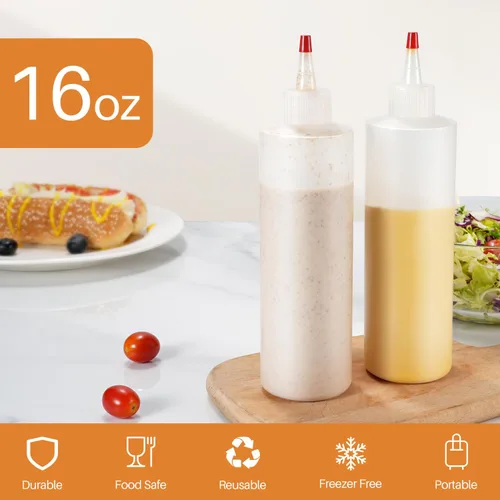 Miniatura 2 de Sopito Botellas exprimibles, botellas de plástico para condimentos de 16 onzas con etiquetas, embudos y cepillo para líquidos, salsas, aceite