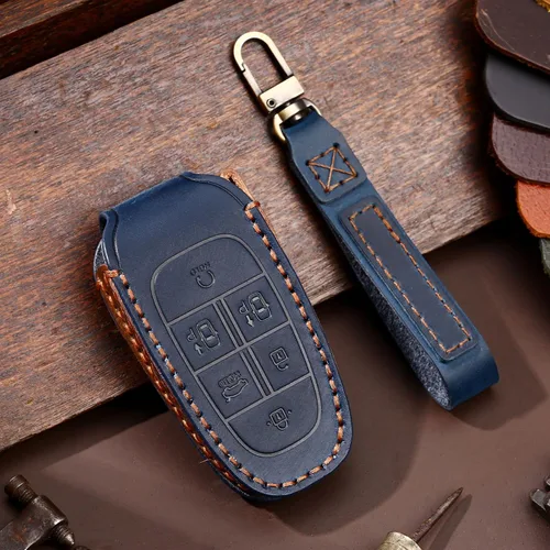 Miniatura 12 de ontto Funda inteligente para llave de automóvil con 4 botones con llavero de piel de protección completa para Hyundai Sonata 2020 2021, color azul