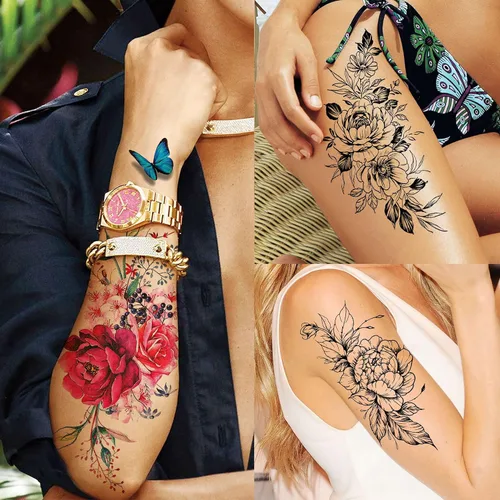 Miniatura 2 de TASROI 18 hojas de tatuajes temporales de flores sexys para mujeres, niñas y adultos, tatuajes falsos de arte corporal para el brazo, tatuajes