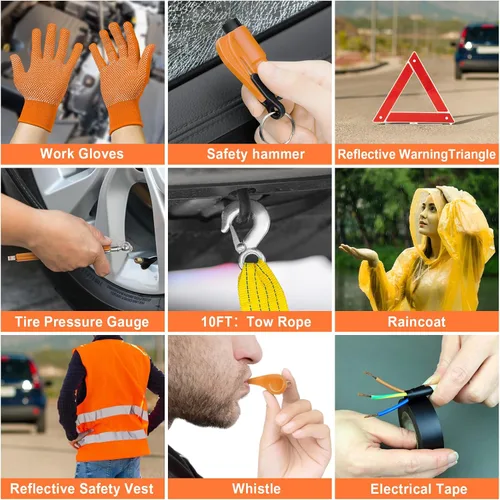 Miniatura 8 de Bolsa de Kit de Seguridad de Emergencia para Coche de 131 Piezas con Compresor de Aire, Cables de Puente, Medidor de Presión de Neumáticos, Kit