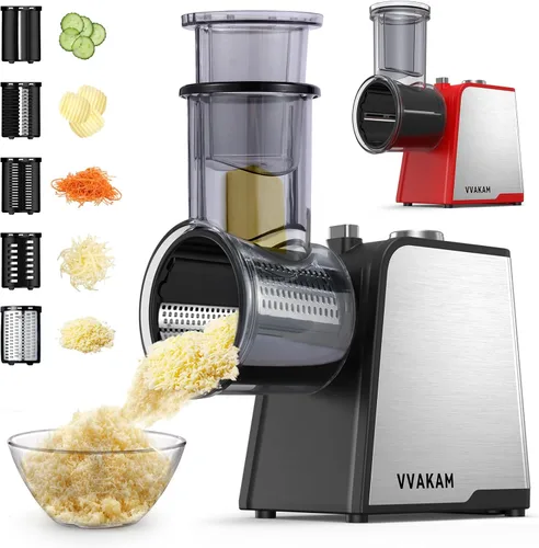 Miniatura 10 de Rallador de Queso Eléctrico 5 en 1, 300W Fabricante de Ensaladas, Rallador Eléctrico para Queso en Bloque, Rebanadora Trituradora Eléctrica de Rojo