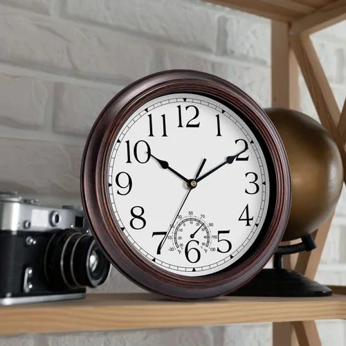 Miniatura 9 de KECYET Reloj de pared para exteriores de 12 pulgadas con termómetros, reloj de pared silencioso vintage que funciona con pilas, reloj retro sin