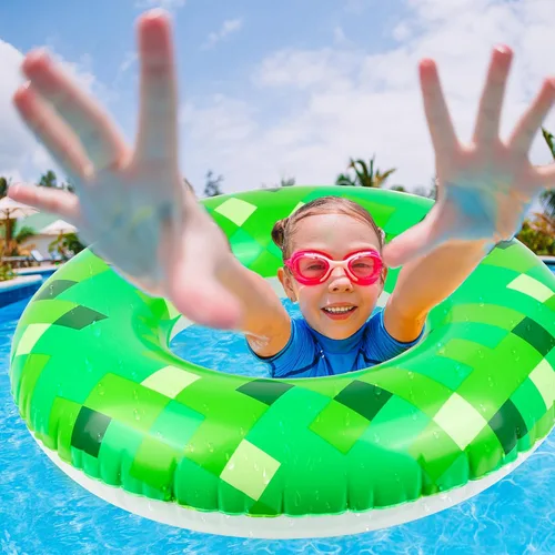 Miniatura 5 de 3 flotadores inflables para piscina con temática de píxeles verdes de 24 pulgadas, vibrantes flotadores de piscina para verano y tubos de piscina
