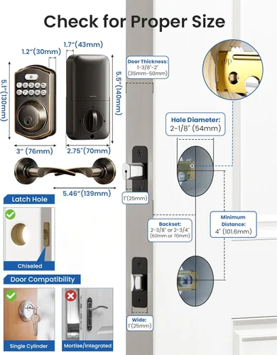 Miniatura 8 de Veise Cerradura de puerta de entrada sin llave con 2 manijas de palanca, cerrojo de seguridad electrónico, fácil instalación, juego de cerradura