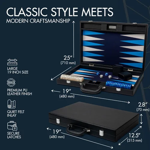 Miniatura 3 de Pointworks Juego de Backgammon Premium de 19 Pulgadas para Adultos de Cuero Negro - Azul. Juego de Fichas y Dados Premium de 1.6 Pulgadas, Juego