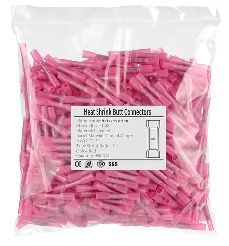 500 piezas de conectores de tope termorretráctiles rojos AWG22-16, conectores de cable termorretráctiles de grado marino haisstronica, cobre rojo