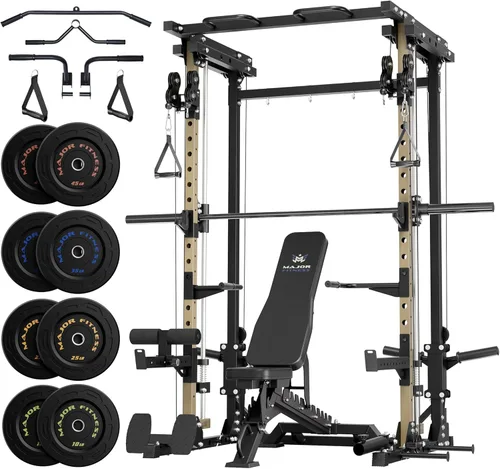 Miniatura 22 de MAJOR FITNESS Drone3 Smith Machine, 2500 libras todo en uno para gimnasio en casa con sistema de polea doble para cable cruzado, barras de dominadas