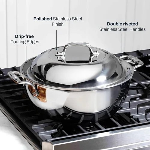 Miniatura 4 de All-Clad Horno Holandés D3 de Acero Inoxidable de 3 Capas 5.5 Cuartos Apto para Inducción Horno Asador Seguro 600F Ollas y Sartenes, Utensilios