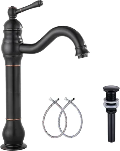 Grifo giratorio de 360 ° con un solo orificio para lavabo de baño, desagüe desplegable a juego sin desbordamiento, bronce aceitado Bronce frotado