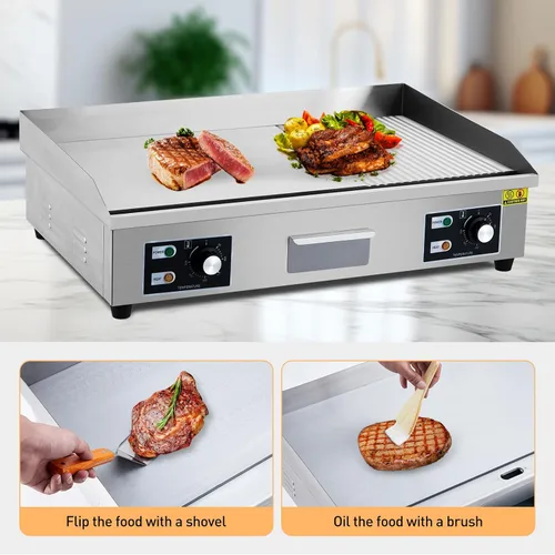 Miniatura 4 de Plancha eléctrica comercial de 29 pulgadas, parrilla Teppanyaki media acanalada de 3000 W, plancha eléctrica de encimera de acero inoxidable