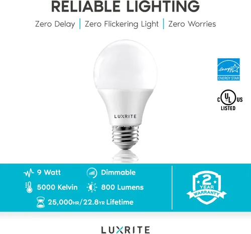 Miniatura 8 de LUXRITE - Foco LED A19 equivalente a 60 W, 5000 K Luz Blanca Brillante, 800 lúmenes, focos LED estándar regulables de 9 W, con clasificación de 5000
