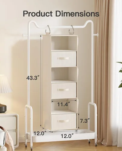 Miniatura 3 de Pipishell Organizador colgante de armario con 6 estantes, estantes colgantes para armario con 3 cajones extraíbles y bolsillos laterales, Blanco