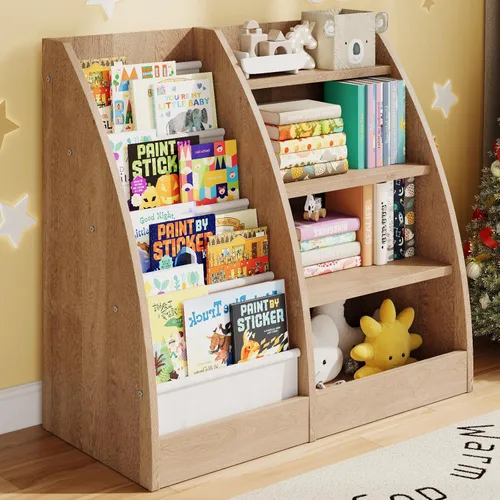 Miniatura 8 de Estantería para niños de 4 niveles, estante de 4 capas para habitaciones de niños, estantería de madera XXL para niños, estante de almacenamiento