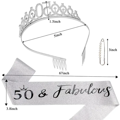 Miniatura 2 de Kit de tiara y banda de cumpleaños "50 & Fabulous", regalos de cumpleaños 50 para mujeres, decoraciones de fiesta de cumpleaños 50 (plateado)
