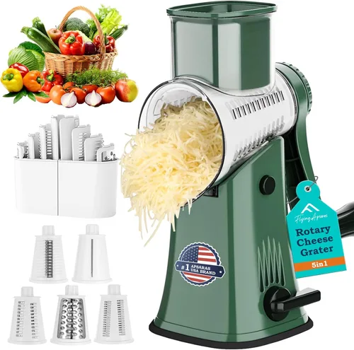 APSARAS USA - Rallador giratorio de queso, rallador giratorio 5 en 1, rallador de queso, manivela de mano, cuchillas inoxidables reemplazables, Verde