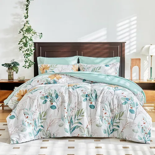 Miniatura 14 de Juego de sábanas de edredón de flores, color gris, cama en una bolsa, juego de ropa de cama reversible de 7 piezas tamaño King de microfibra floral