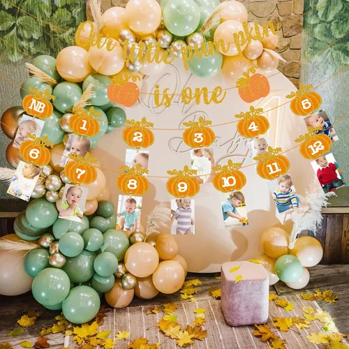 Miniatura 6 de Cartel de fotos de calabaza de otoño para el primer cumpleaños, pancarta de fotos de calabaza de otoño para recién nacidos a 12 meses, guirnalda