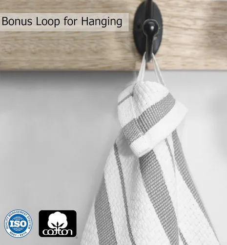 Miniatura 3 de COTTON CRAFT - Paquete de 4 - Toallas de cocina con tejido de cesta - Gris - Algodón - 20 x 30 - Patrón moderno de rayas limpias - Práctico lazo