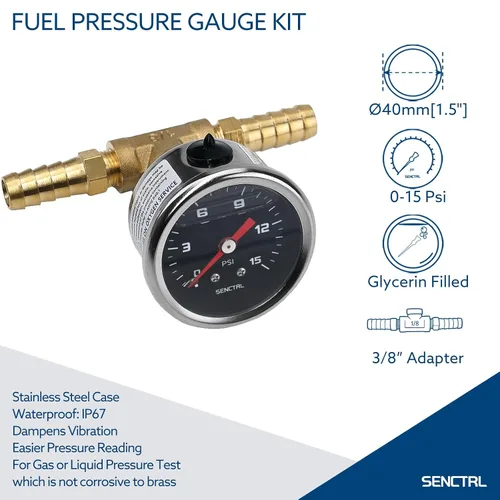 Miniatura 5 de SENCTRL Kit de manómetro de presión de combustible de 15 PSI para línea de combustible de 3/8, esfera negra, motores de carburador, motores