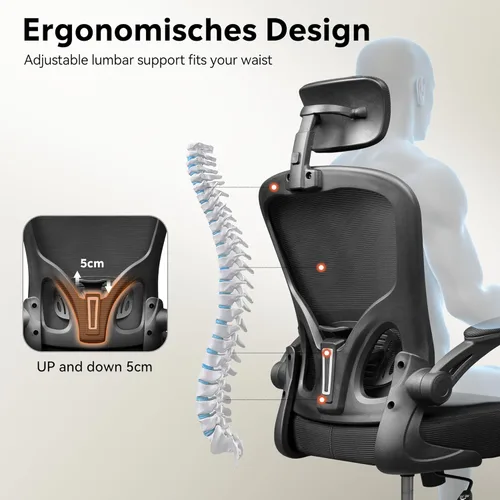 Miniatura 3 de DEVAISE Silla de Oficina de Respaldo Alto de Malla Ergonómica para Escritorio con Reposabrazos Abatibles, Reposacabezas Ajustable y Soporte Lumbar