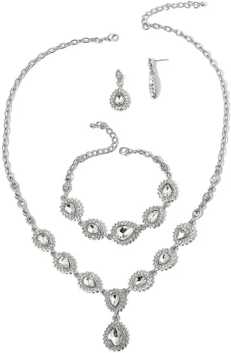 Shop LC Costume Jewelry Set for Women Teardrop Necklace Bracelet Earrings Crystal Bridal Wedding Jewelry Sets for Brides Bridal Necklace 20" &
