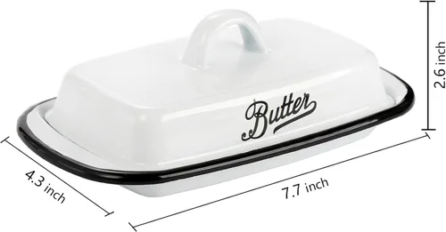 Miniatura 2 de Mantequillera esmaltada con tapa, bandeja de mantequilla blanca esmaltada vintage, soporte para mantequillas de borde negro, recipiente