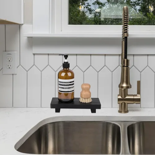 Miniatura 6 de Organizador de encimera de baño, soporte de pedestal de madera, bandeja decorativa de estilo granja, portajabones para decoración de cocina, Negro