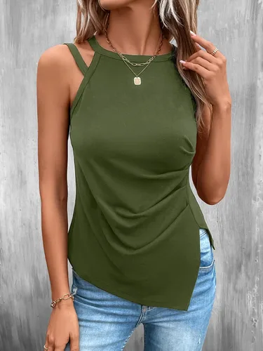 Miniatura 7 de WDIRARA Top halter sin mangas con dobladillo asimétrico y fruncido para mujer
