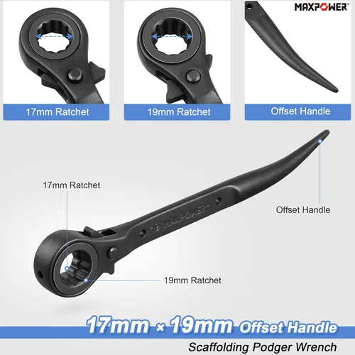 Miniatura 3 de MAXPOWER 2 piezas de juego de llave de andamio de perfil bajo, trinquete de spud de doble zócalo de 7/8 pulgadas x 3/4 pulgadas, 17mm x 19mm métrico