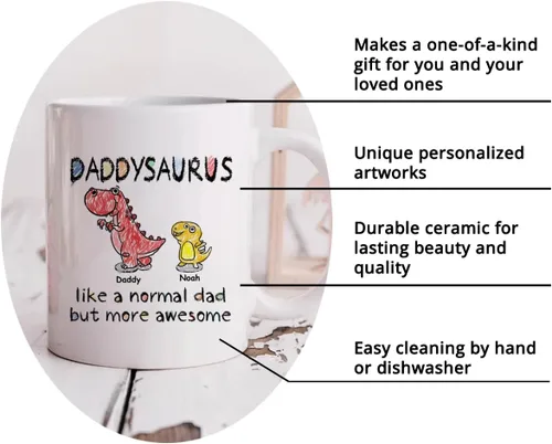 Miniatura 7 de GOSSBY Taza personalizada (1 dinosaurio bebé) ... Like a normal dad but more awesome - Taza personalizada para padres, dinosaurio para papá y bebé