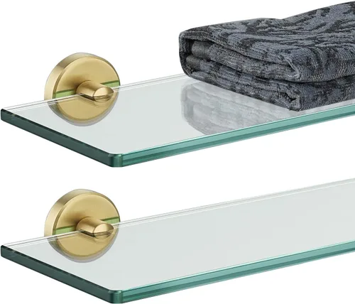 Miniatura 31 de JQK Estantería de baño de vidrio bronce, estante con toallero de 15 pulgadas de vidrio templado, almacenamiento para ducha de 16 por 5 pulgadas