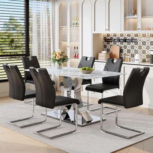 Miniatura 17 de Juego de mesa de comedor MUUOKY para 6, mesa de cocina y sillas para 6, superficie de mesa de piedra sinterizada con 6 sillas de comedor modernas