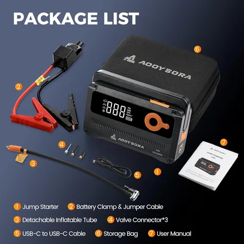 Miniatura 8 de Arrancador de batería de coche 9 en 1 6000A con compresor de aire 26800mAh, caja de salto portátil de 150PSI 12V con inflador de neumáticos