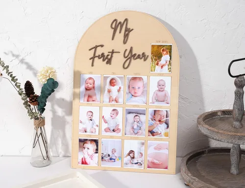 Miniatura 5 de Tablero de fotos de madera de un año, tablero de hitos del mes del primer año, decoraciones de primer cumpleaños para niña/niño, pancarta de 12 meses