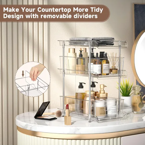 Miniatura 4 de Organizador de baño transparente de 3 niveles con divisores, organización y almacenamiento de despensa extraíble multiusos para debajo