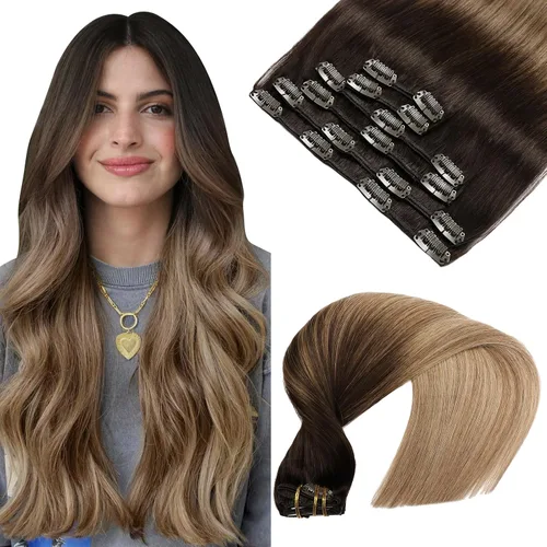 Miniatura 10 de VINBAO Extensiones de cabello humano con clip, balayage, color marrón ceniza a rubio caramelo, 14 pulgadas, 6 unidades, 3.53 onzas, 6