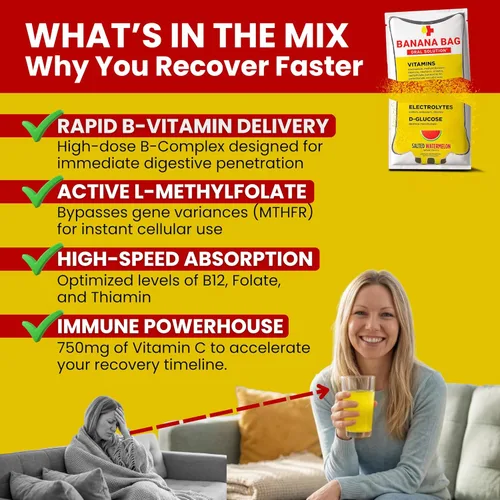 Miniatura 3 de Banana Bag Oral Solution Paquetes de recuperación: 5 paquetes de naranja dulce Una mezcla refrescante de electrolitos, vitamina C y complejo B