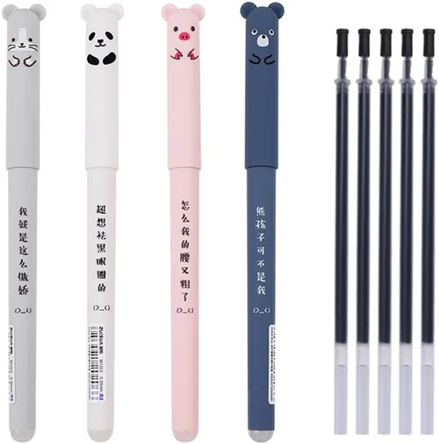 4 bolígrafos de gel borrables de 0.014 in + 5 repuestos de repuesto, lindos bolígrafos de gel de dibujos animados kawaii, gato, cerdo, oso, panda,