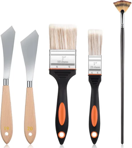Juego de 5 cuchillos de pintura, pincel mezclador de fondo y pincel mezclador de abanico para artistas, cuchillo de paleta de acero inoxidable de 2