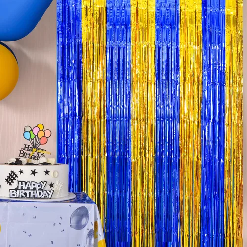 Miniatura 4 de LOLStar Paquete de 2 decoraciones de fiesta azul marino y dorado, cortinas de flecos de aluminio de 3.3 x 6.6 pies, telón de fondo de oropel