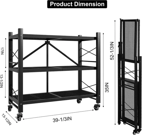 Miniatura 2 de Grezone Estantes plegables de 3 niveles de almacenamiento de metal resistente con ruedas – No se ensambla unidad de estantería plegable para cocina