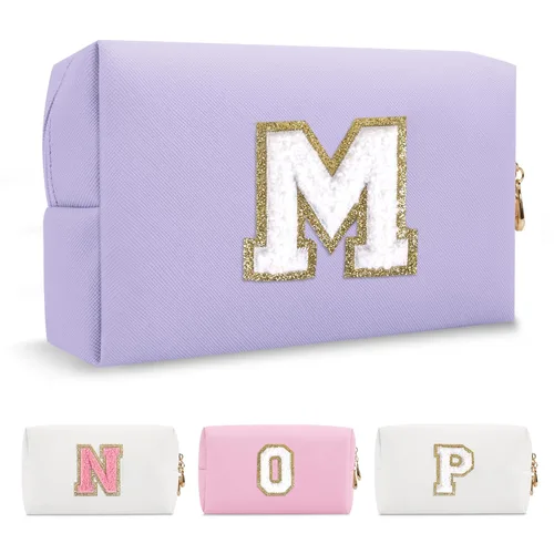 Miniatura 126 de Pequeña bolsa de maquillaje personalizada con inicial A-Z Preppy Patch, bolsa de cosméticos de viaje de felpilla blanca con cremallera, bonita bolsa