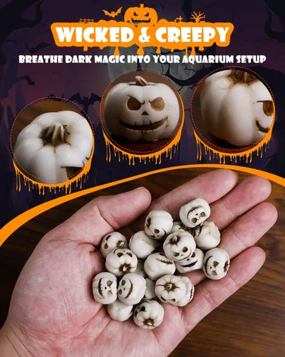 Miniatura 5 de Uniclife 20 piezas de decoraciones de calabaza de Halloween, decoración de tanque de peces de Halloween, mini calabazas espeluznantes de cara