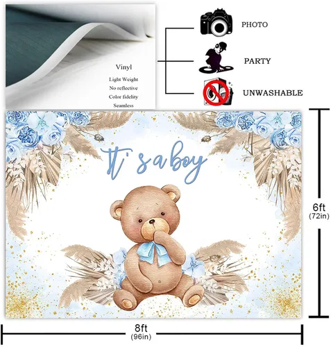 Miniatura 2 de Avezano Telón de fondo bohemio para baby shower para decoración de fiesta de niños, hierba azul de las pampas, con texto en inglés "It's a Boy