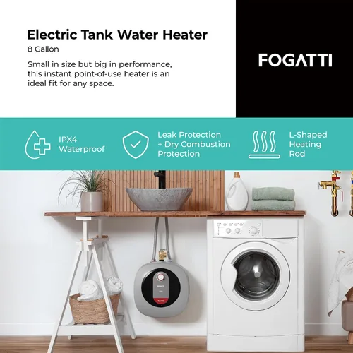Miniatura 2 de Fogatti Mini calentador de agua eléctrico de 2.5 galones 1440 W, montaje en pared/piso, gris