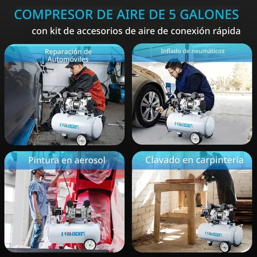 Miniatura 6 de Compresor de aire silencioso, solo 68dB, tanque de acero de 5 galones, 2.8CFM a 90PSI, sin aceite, compresor de aire eléctrico perfecto