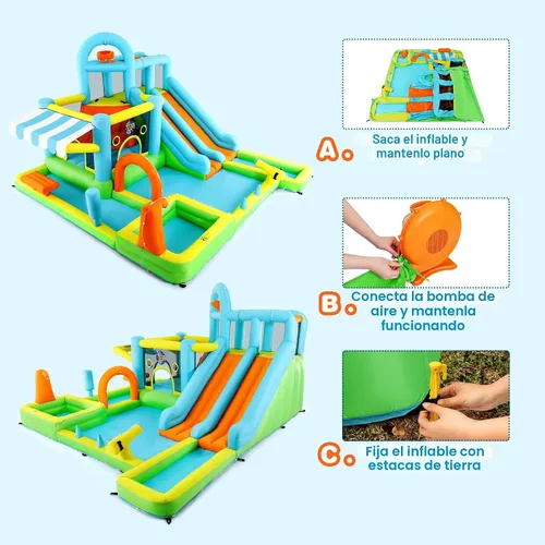 Miniatura 6 de JOYLDIAS Casa inflable de rebote para niños, parque acuático inflable de lujo resistente con toboganes dobles, pared de escalada, piscina y toldo