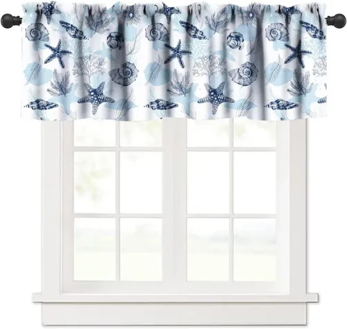 Miniatura 15 de JESTRONRY Cenefa de ventana con diseño de estrella de mar, diseño tropical de conchas marinas oceánicas, cenefa de cortina para decoración de cocina