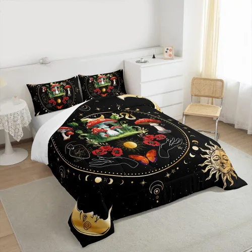 Miniatura 6 de Juego de edredón de champiñones para niños, tamaño individual, juego de ropa de cama romántica con sol, luna, cielo estrellado y galaxia, decoración